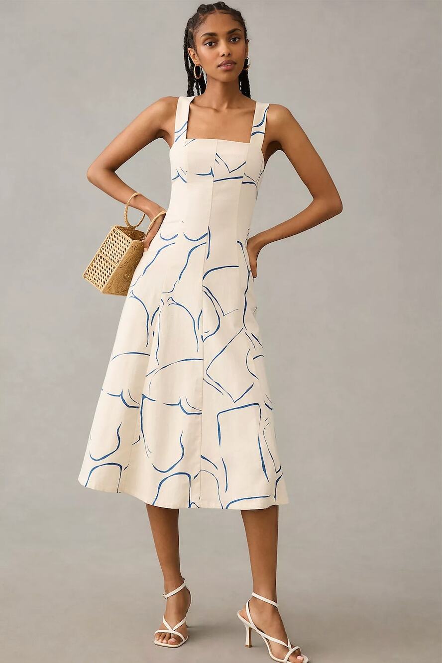 Corey Lynn Calter Printed Square Neck Cotton Linen Blend Midi Dress Size Large